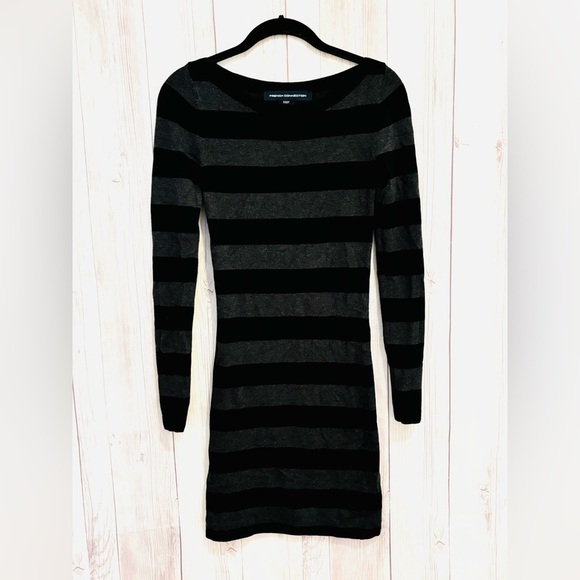 French Connection Black and Gray Striped Long Sleeve Sweater Dress Size 2 - Picture 1 of 5